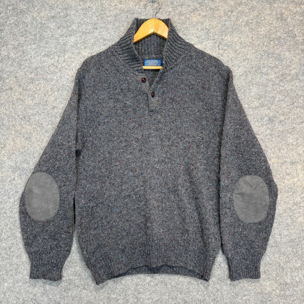 Vintage Pendleton 100% Wool Shawl Button Sweater Mens Medium Elbow Patch 80s USA